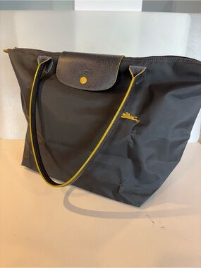 Longchamp Le Pliage Dark Grey Tote Bag with Yellow Trim and Logo
